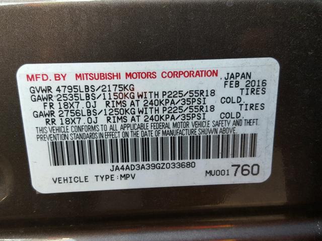 JA4AD3A39GZ033680 - 2016 MITSUBISHI OUTLANDER BROWN photo 10