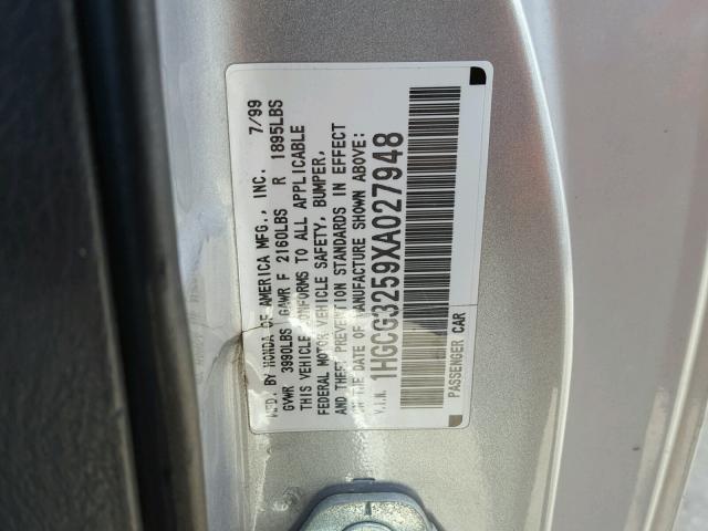 1HGCG3259XA027948 - 1999 HONDA ACCORD EX SILVER photo 10