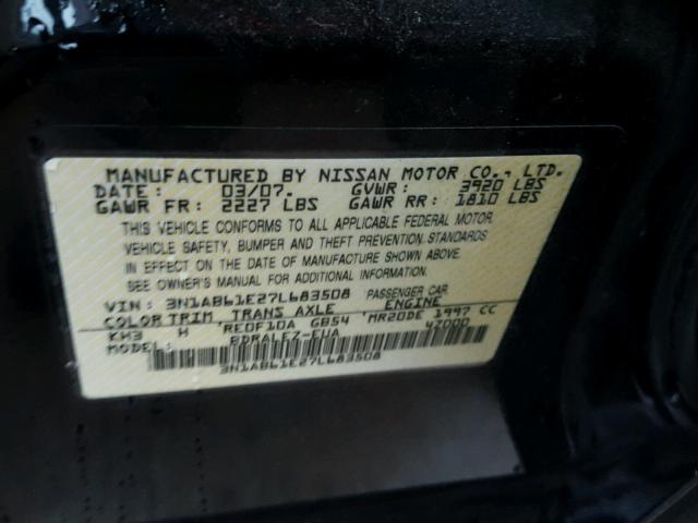 3N1AB61E27L683508 - 2007 NISSAN SENTRA 2.0 BLACK photo 10