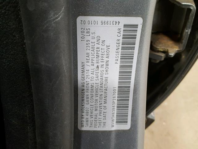 WVWTH63B63P267001 - 2003 VOLKSWAGEN PASSAT GLX 灰色 照片 10