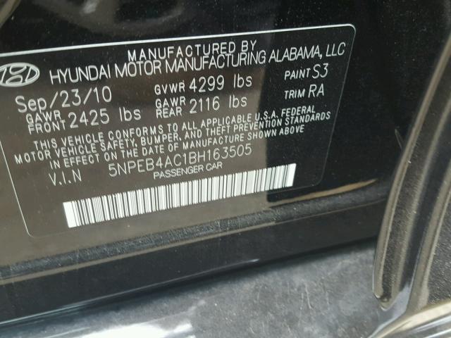 5NPEB4AC1BH163505 - 2011 HYUNDAI SONATA GLS BLACK photo 10