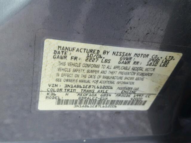 3N1AB61E87L612006 - 2007 NISSAN SENTRA 2.0 GRAY photo 10