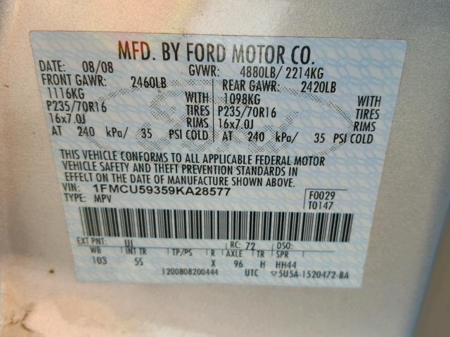 1FMCU59359KA28577 - 2009 FORD ESCAPE HYB GRAY photo 10