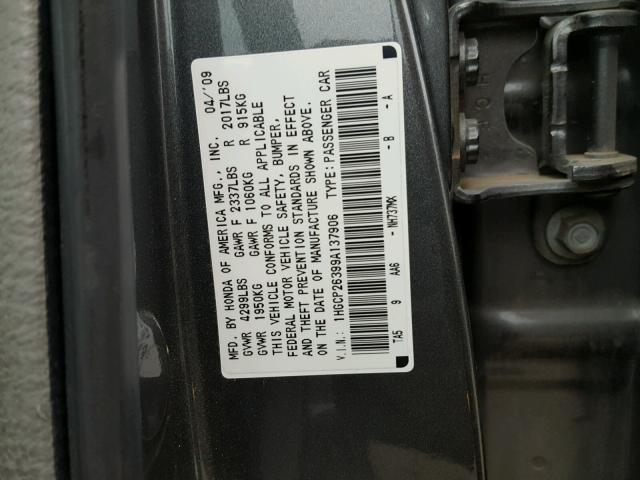 1HGCP26399A137906 - 2009 HONDA ACCORD LX GRAY photo 10