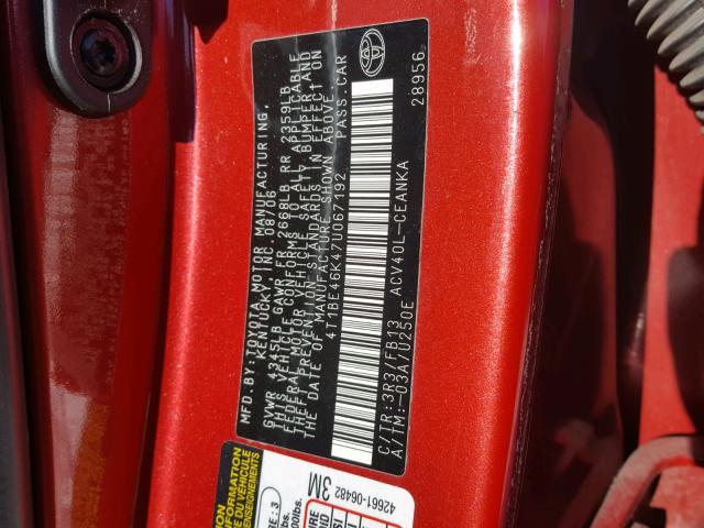 4T1BE46K47U067192 - 2007 TOYOTA CAMRY NEW RED photo 10