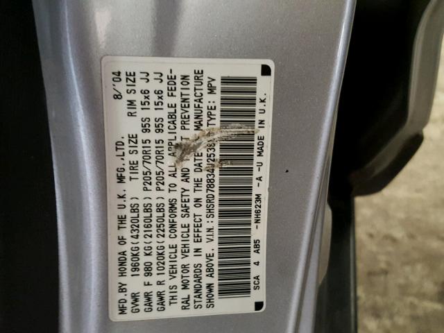 SHSRD78834U253988 - 2004 HONDA CR-V EX SILVER photo 10