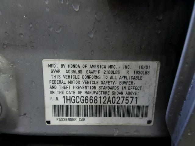 1HGCG66812A027571 - 2002 HONDA ACCORD EX SILVER photo 10