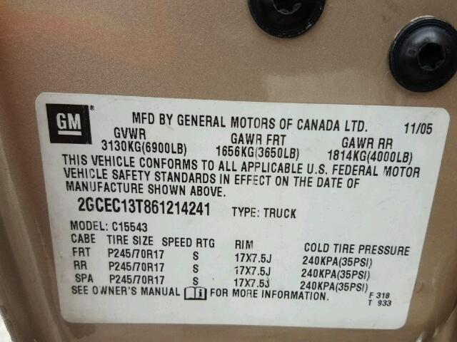 2GCEC13T861214241 - 2006 CHEVROLET SILVERADO TAN photo 10