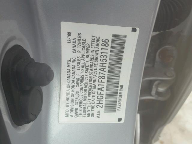 2HGFA1F87AH531186 - 2010 HONDA CIVIC EX ვერცხლისფერი ფოტო 10