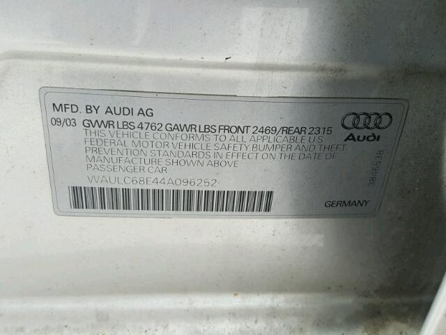 WAULC68E44A096252 - 2004 AUDI A4 1.8T QU SILVER photo 10