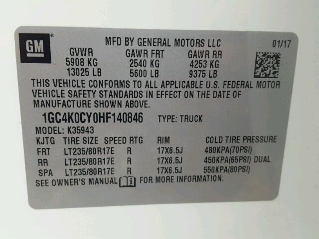 1GC4K0CY0HF140846 - 2017 CHEVROLET SILVERADO WHITE photo 10