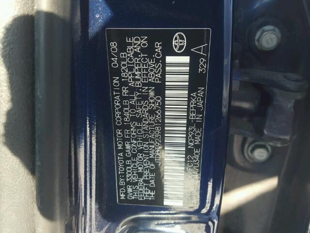 JTDBT923981266750 - 2008 TOYOTA YARIS BLUE photo 10