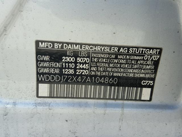 WDDDJ72X47A104860 - 2007 MERCEDES-BENZ CLS 550 SILVER photo 10