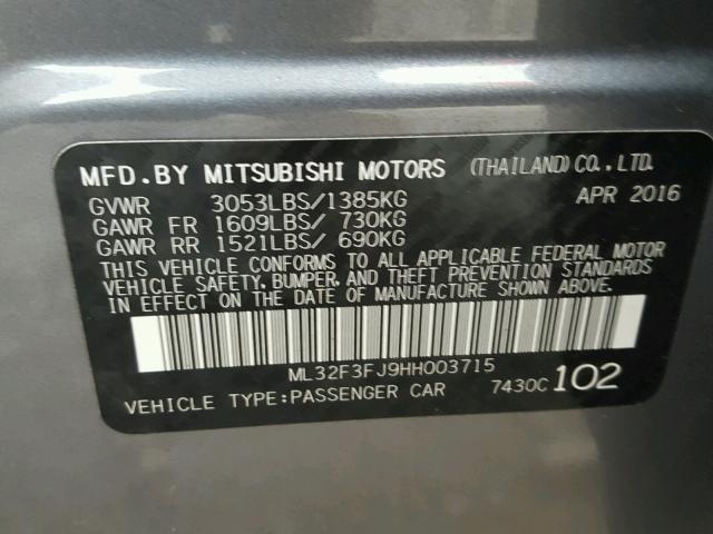 ML32F3FJ9HH003715 - 2017 MITSUBISHI MIRAGE G4 GRAY photo 10