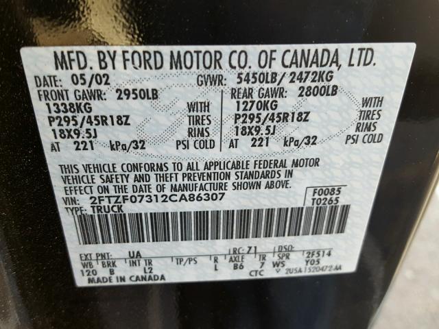 2FTZF07312CA86307 - 2002 FORD F150 SVT L BLACK photo 10