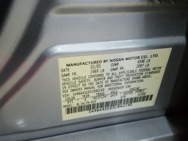 1N4BA41E65C840240 - 2005 NISSAN MAXIMA SE SILVER photo 10