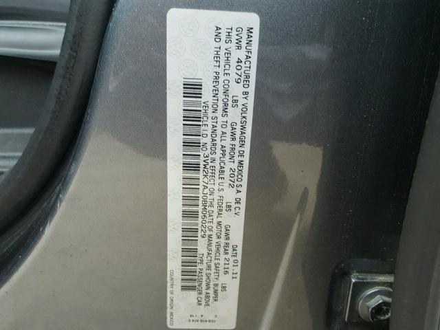 3VW2K7AJ0BM060229 - 2011 VOLKSWAGEN JETTA BASE GRAY photo 10