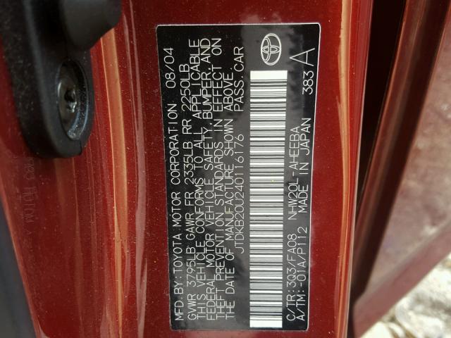 JTDKB20U240116176 - 2004 TOYOTA PRIUS RED photo 10