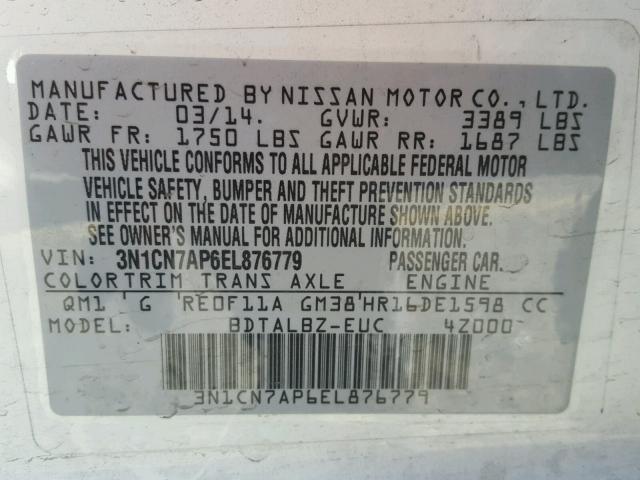 3N1CN7AP6EL876779 - 2014 NISSAN VERSA S WHITE photo 10