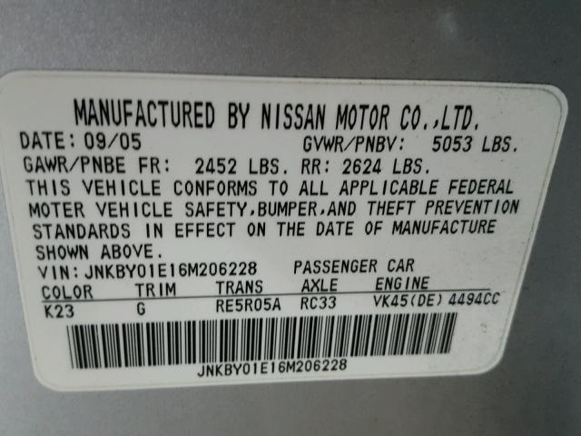 JNKBY01E16M206228 - 2006 INFINITI M45 BASE SILVER photo 10