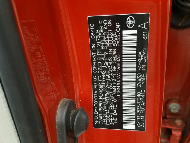 JTDKN3DU7A1268435 - 2010 TOYOTA PRIUS RED photo 10