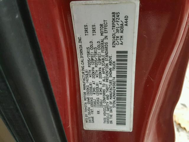 5TENL42N84Z458274 - 2004 TOYOTA TACOMA RED photo 10