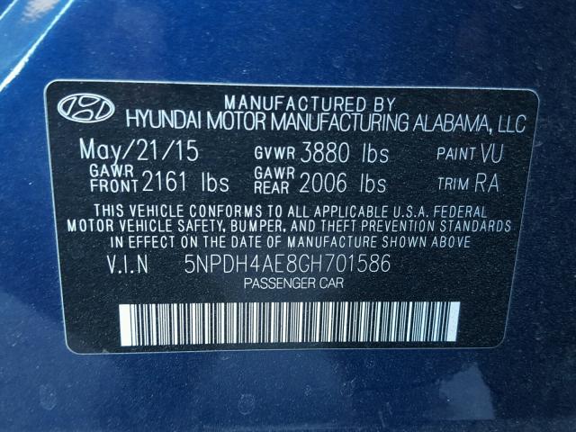 5NPDH4AE8GH701586 - 2016 HYUNDAI ELANTRA SE BLUE photo 10