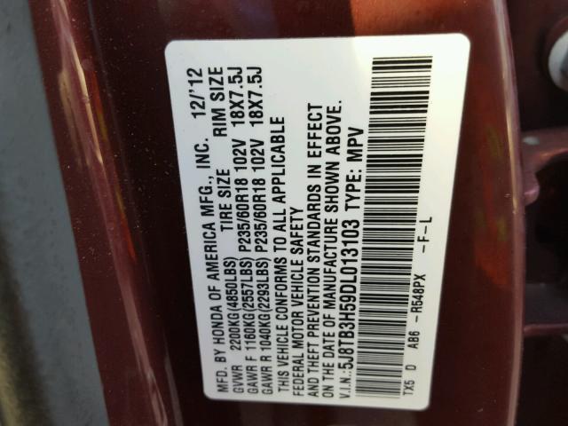 5J8TB3H59DL013103 - 2013 ACURA RDX TECHNO RED photo 10