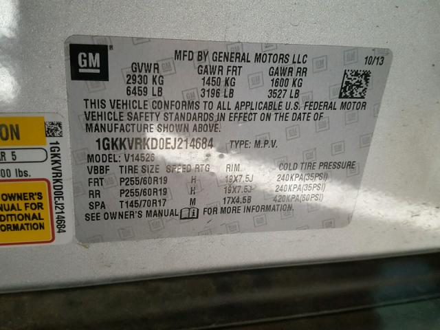 1GKKVRKD0EJ214684 - 2014 GMC ACADIA SLT SILVER photo 10