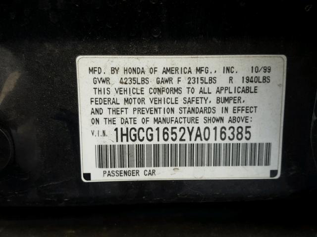 1HGCG1652YA016385 - 2000 HONDA ACCORD EX BLACK photo 10