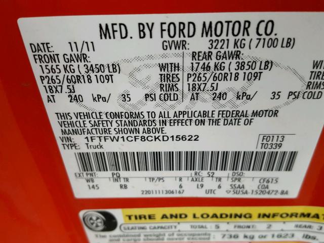 1FTFW1CF8CKD15622 - 2012 FORD F150 SUPER RED photo 10