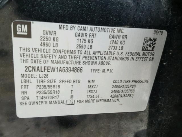 2CNALFEW1A6394866 - 2010 CHEVROLET EQUINOX LT BLACK photo 10