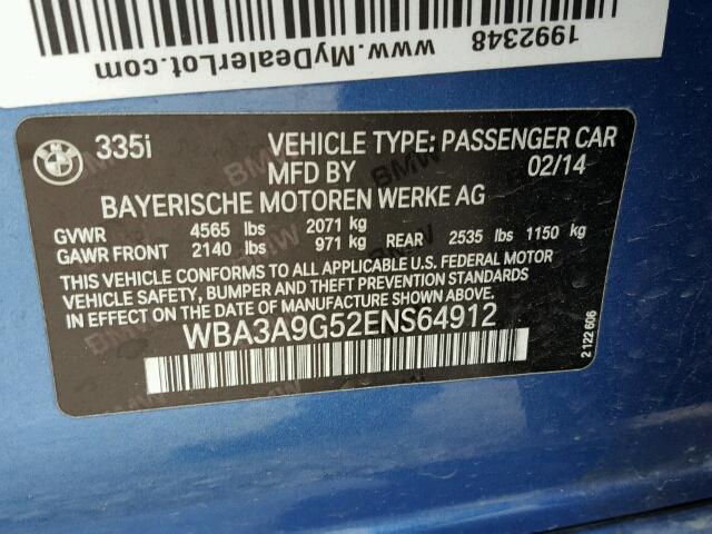 WBA3A9G52ENS64912 - 2014 BMW 335 I BLUE photo 10