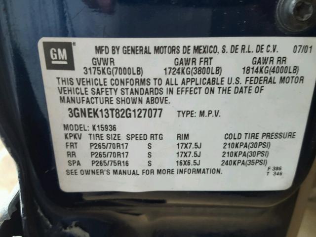 3GNEK13T82G127077 - 2002 CHEVROLET AVALANCHE BLUE photo 10