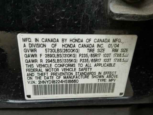 2HNYD18224H518660 - 2004 ACURA MDX BLACK photo 10