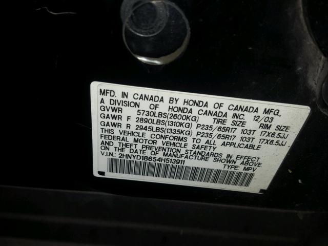 2HNYD18654H513911 - 2004 ACURA MDX TOURIN BLACK photo 10