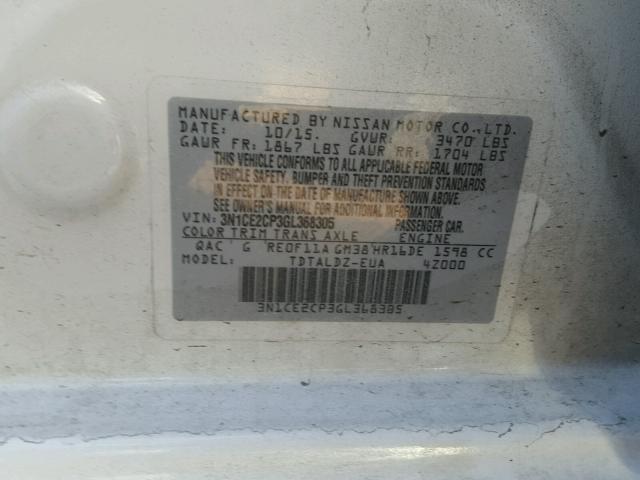 3N1CE2CP3GL368305 - 2016 NISSAN VERSA NOTE WHITE photo 10