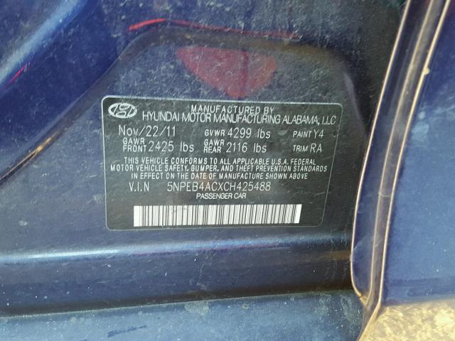 5NPEB4ACXCH425488 - 2012 HYUNDAI SONATA GLS BLUE photo 10