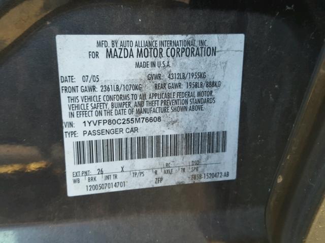 1YVFP80C255M76608 - 2005 MAZDA 6 I GRAY photo 10