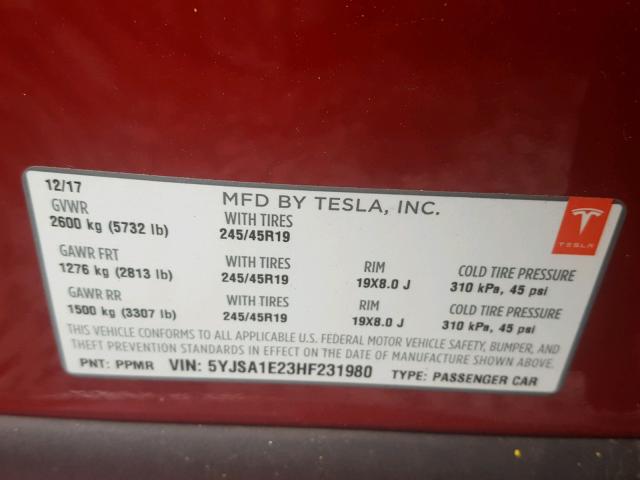5YJSA1E23HF231980 - 2017 TESLA MODEL S RED photo 10