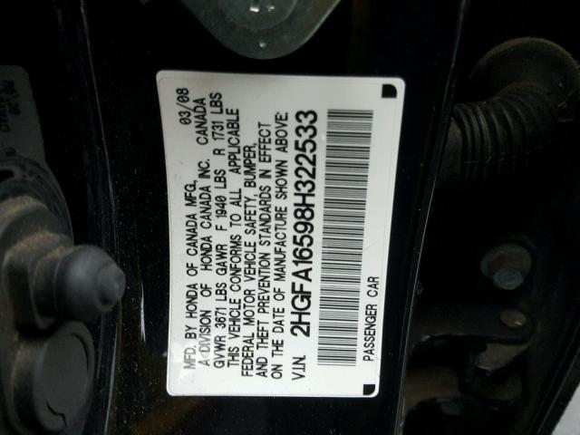 2HGFA16598H322533 - 2008 HONDA CIVIC LX BLACK photo 10