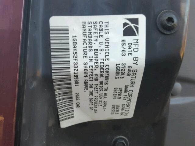 1G8AK52F33Z189881 - 2003 SATURN ION LEVEL RED photo 10