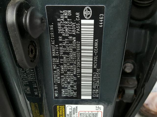 4T1BF30K04U076662 - 2004 TOYOTA CAMRY LE GREEN photo 10