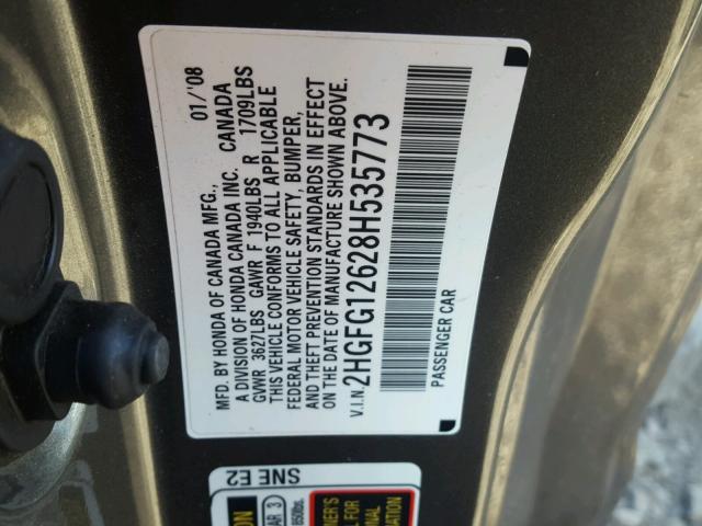 2HGFG12628H535773 - 2008 HONDA CIVIC LX GRAY photo 10