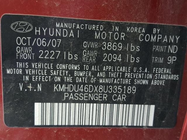 KMHDU46DX8U335189 - 2008 HYUNDAI ELANTRA GL RED photo 10