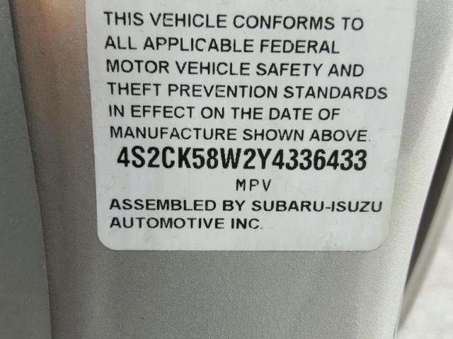 4S2CK58W2Y4336433 - 2000 ISUZU RODEO S SILVER photo 10