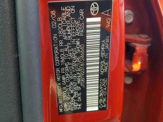 JTDBT923181246640 - 2008 TOYOTA YARIS RED photo 10