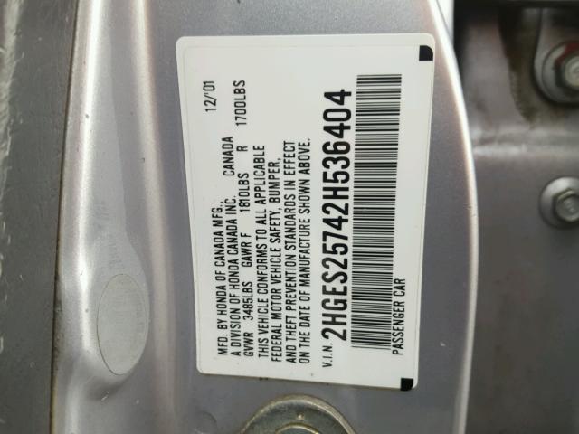 2HGES25742H536404 - 2002 HONDA CIVIC EX SILVER photo 10