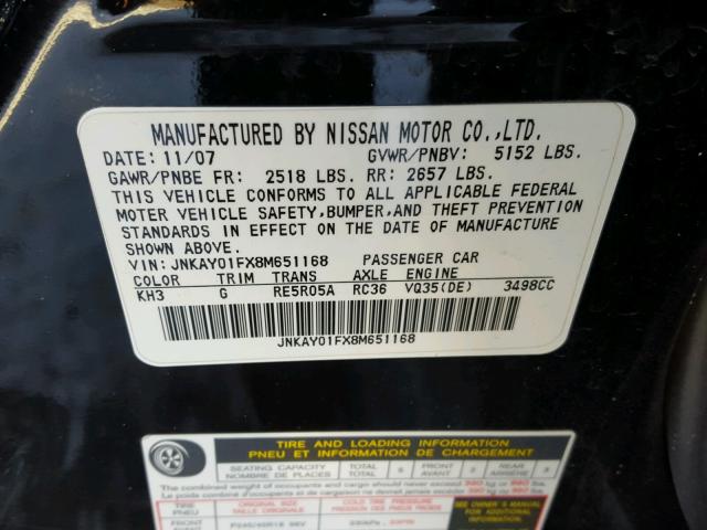 JNKAY01FX8M651168 - 2008 INFINITI M35 BASE BLACK photo 10