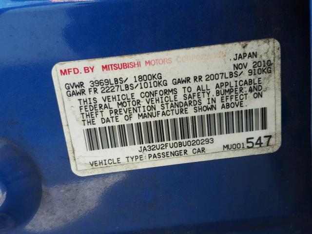 JA32U2FU0BU020293 - 2011 MITSUBISHI LANCER ES/ BLUE photo 10